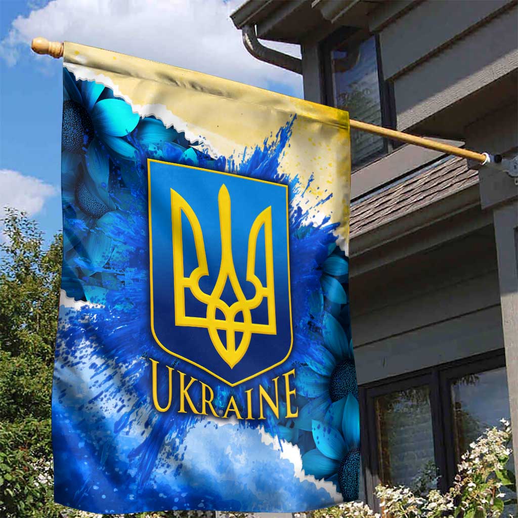 Trident Emblem Ukraine Garden Flag with Blue Sunflowers and Flag Colors Design
