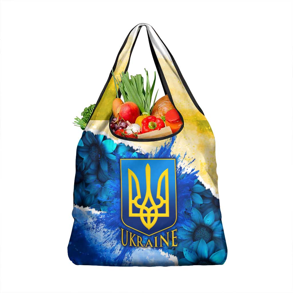Trident Emblem Ukraine Grocery Bag with Blue Sunflowers and Flag Colors Design
