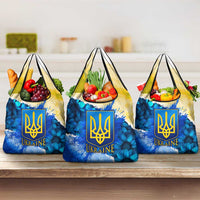 Trident Emblem Ukraine Grocery Bag with Blue Sunflowers and Flag Colors Design