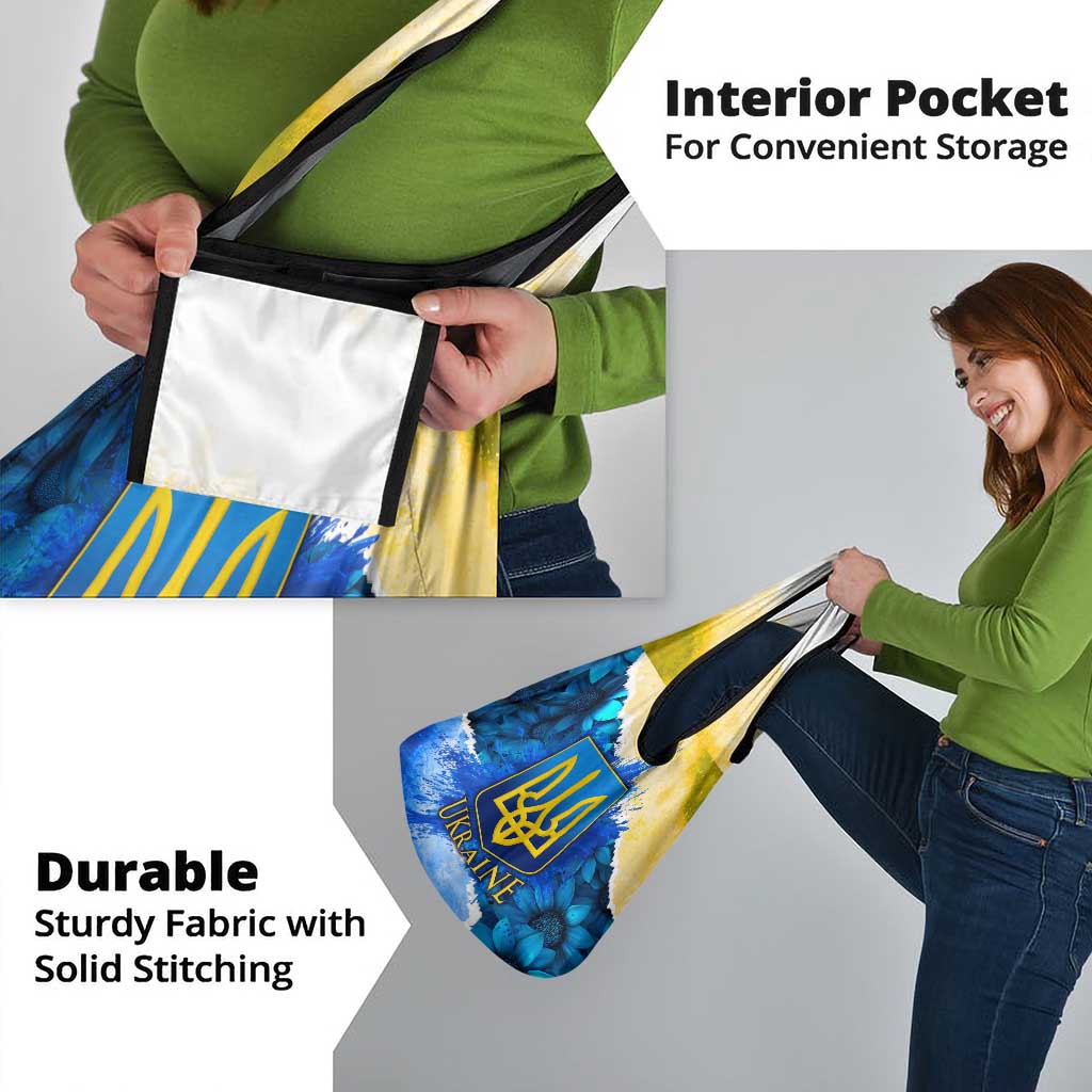 Trident Emblem Ukraine Grocery Bag with Blue Sunflowers and Flag Colors Design