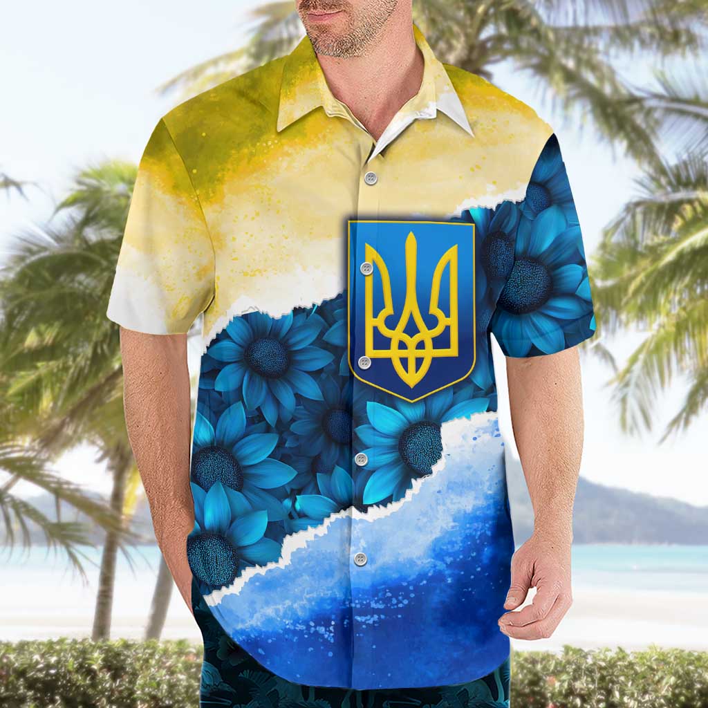 Trident Emblem Ukraine Hawaiian Shirt with Blue Sunflowers and Flag Colors Design
