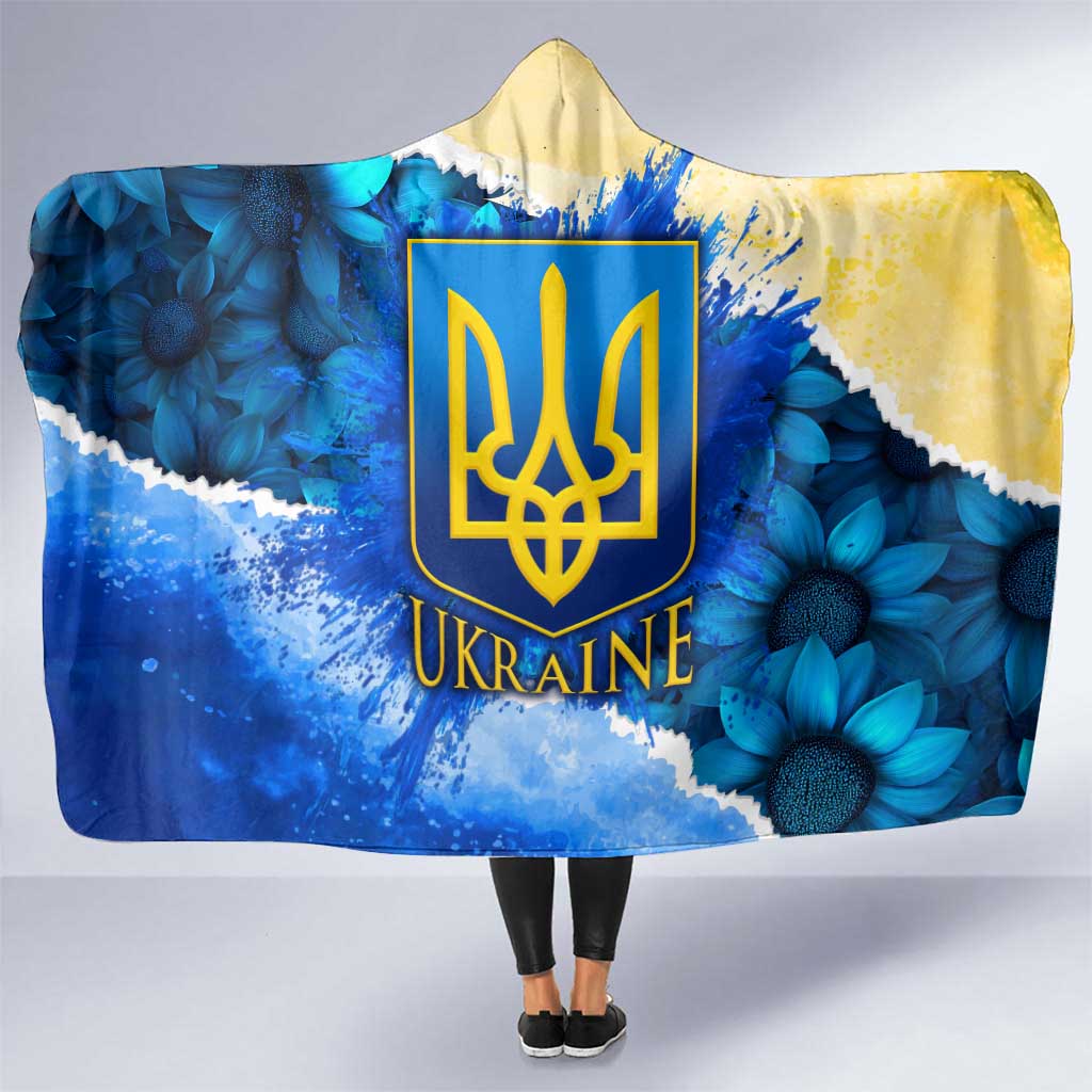 Trident Emblem Ukraine Hooded Blanket with Blue Sunflowers and Flag Colors Design