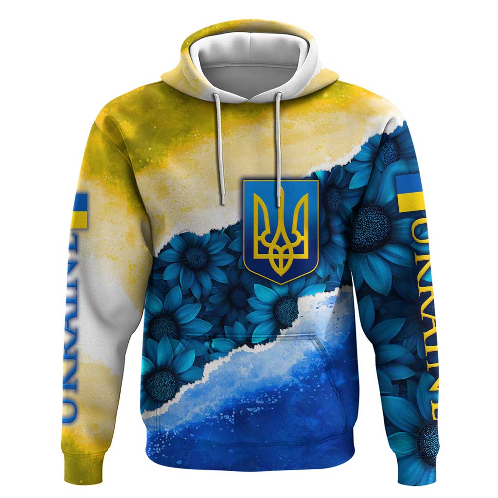 Trident Emblem Ukraine Hoodie with Blue Sunflowers and Flag Colors Design