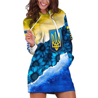 Trident Emblem Ukraine Hoodie Dress with Blue Sunflowers and Flag Colors Design
