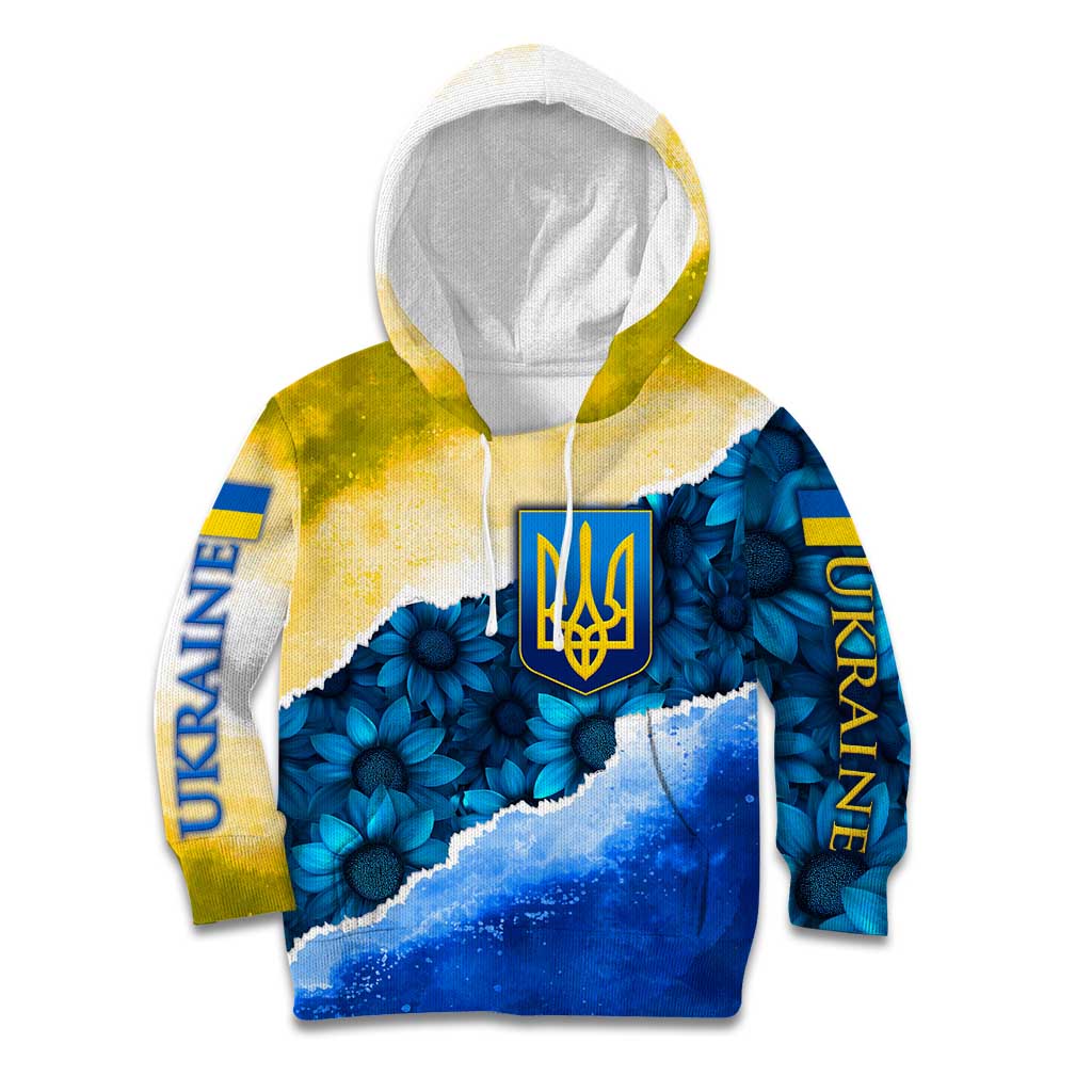 Trident Emblem Ukraine Kid Hoodie with Blue Sunflowers and Flag Colors Design