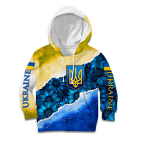 Trident Emblem Ukraine Kid Hoodie with Blue Sunflowers and Flag Colors Design