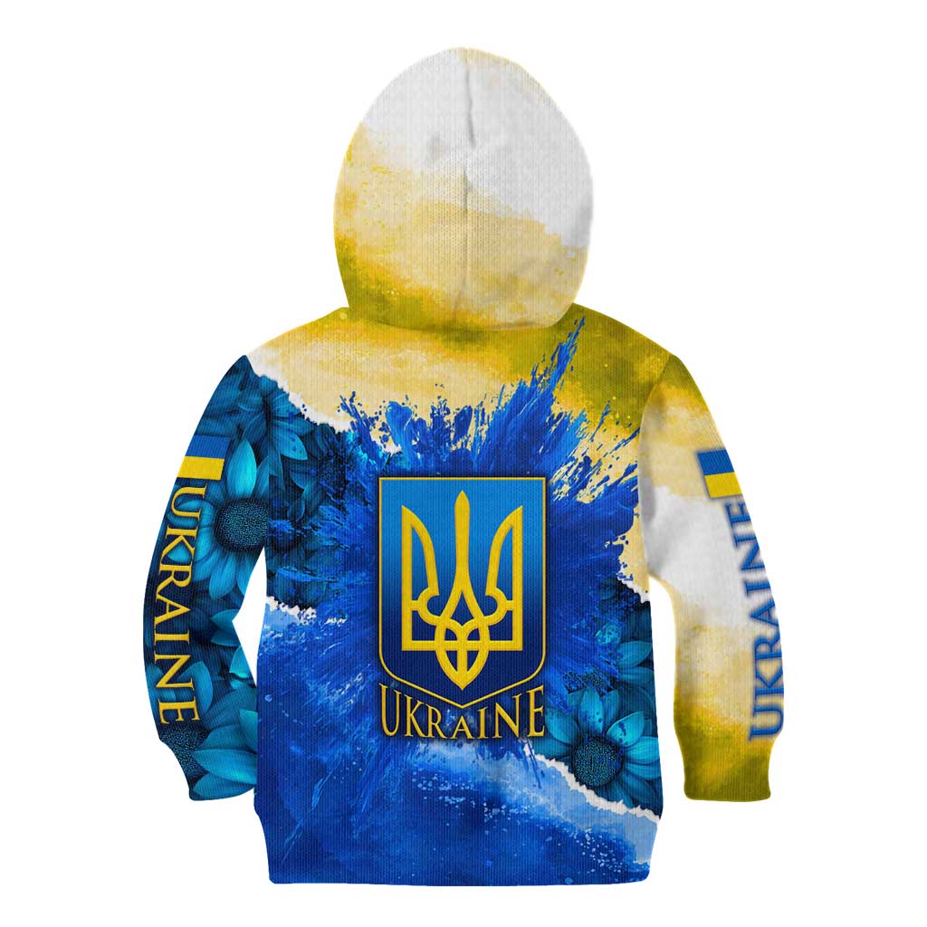 Trident Emblem Ukraine Kid Hoodie with Blue Sunflowers and Flag Colors Design