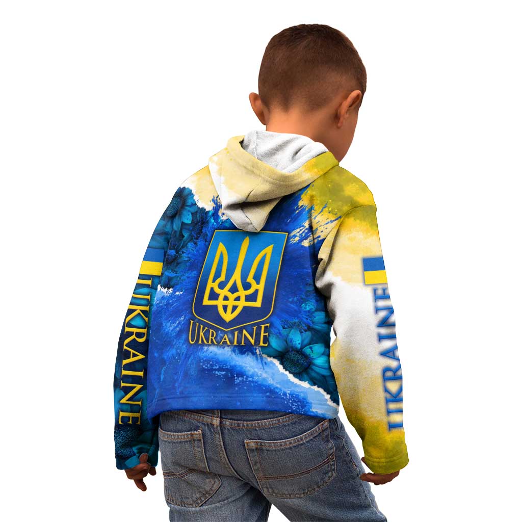 Trident Emblem Ukraine Kid Hoodie with Blue Sunflowers and Flag Colors Design
