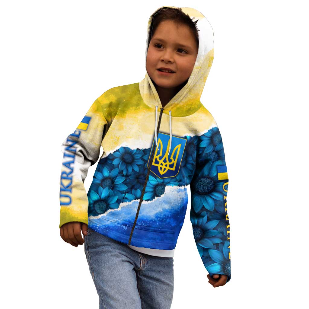 Trident Emblem Ukraine Kid Hoodie with Blue Sunflowers and Flag Colors Design