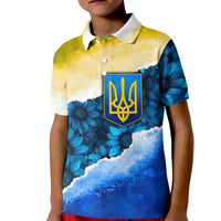 Trident Emblem Ukraine Kid Polo Shirt with Blue Sunflowers and Flag Colors Design