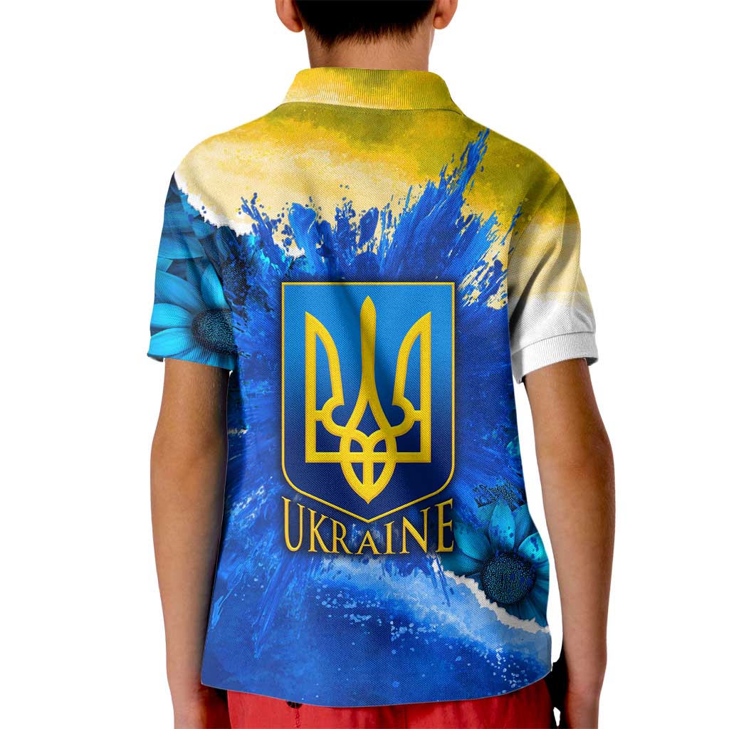 Trident Emblem Ukraine Kid Polo Shirt with Blue Sunflowers and Flag Colors Design