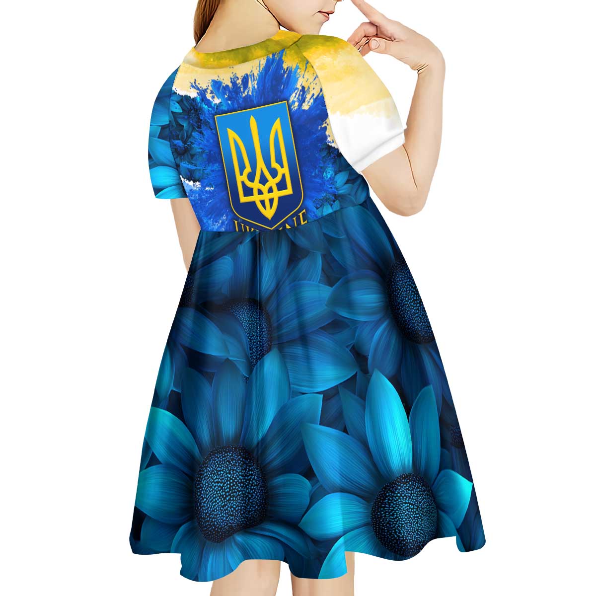 Trident Emblem Ukraine Kid Short Sleeve Dress with Blue Sunflowers and Flag Colors Design