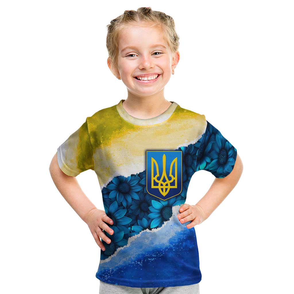 Trident Emblem Ukraine Kid T Shirt with Blue Sunflowers and Flag Colors Design