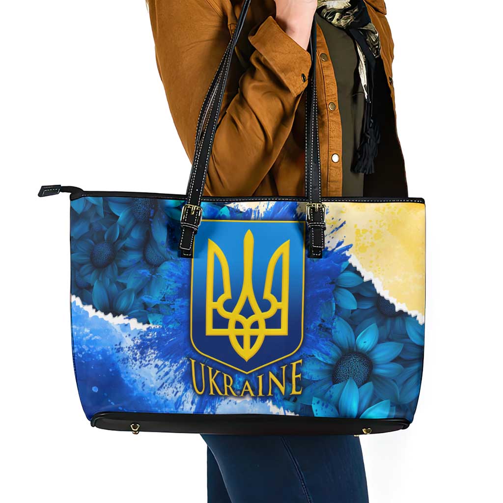 Trident Emblem Ukraine Leather Tote Bag with Blue Sunflowers and Flag Colors Design