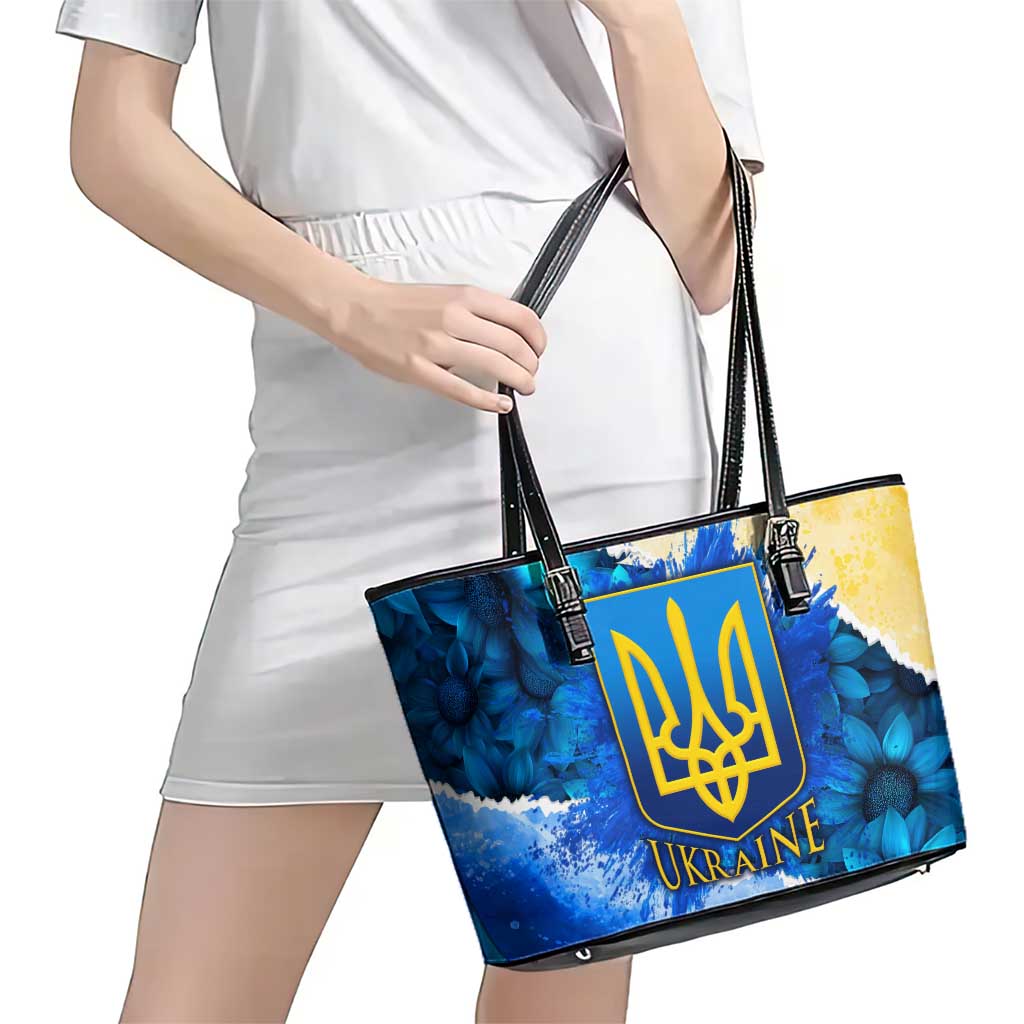 Trident Emblem Ukraine Leather Tote Bag with Blue Sunflowers and Flag Colors Design
