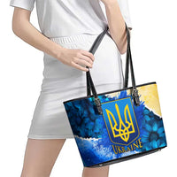 Trident Emblem Ukraine Leather Tote Bag with Blue Sunflowers and Flag Colors Design