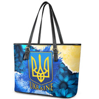 Trident Emblem Ukraine Leather Tote Bag with Blue Sunflowers and Flag Colors Design