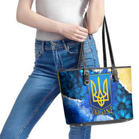 Trident Emblem Ukraine Leather Tote Bag with Blue Sunflowers and Flag Colors Design