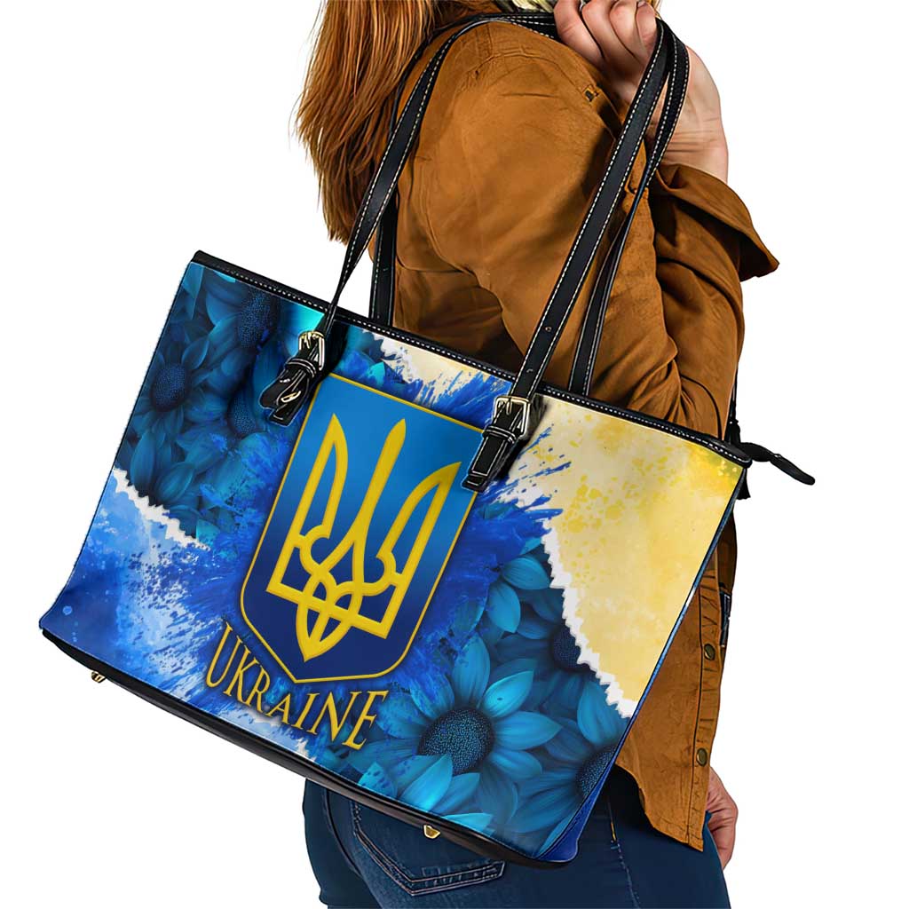 Trident Emblem Ukraine Leather Tote Bag with Blue Sunflowers and Flag Colors Design