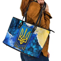 Trident Emblem Ukraine Leather Tote Bag with Blue Sunflowers and Flag Colors Design