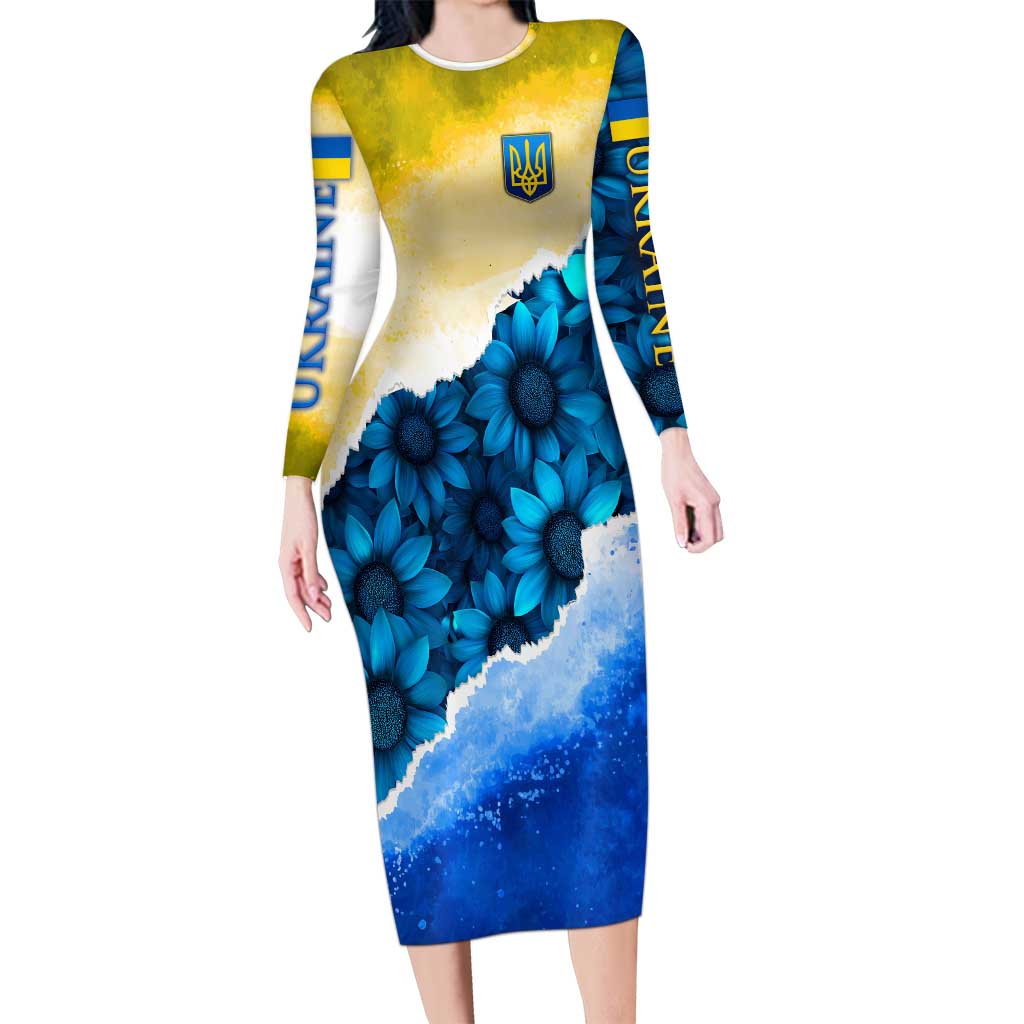 Trident Emblem Ukraine Long Sleeve Bodycon Dress with Blue Sunflowers and Flag Colors Design
