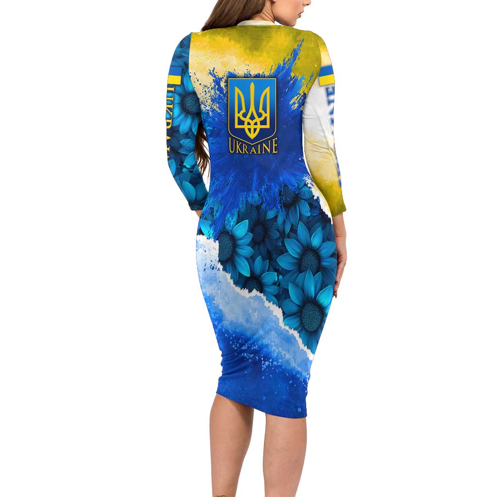Trident Emblem Ukraine Long Sleeve Bodycon Dress with Blue Sunflowers and Flag Colors Design