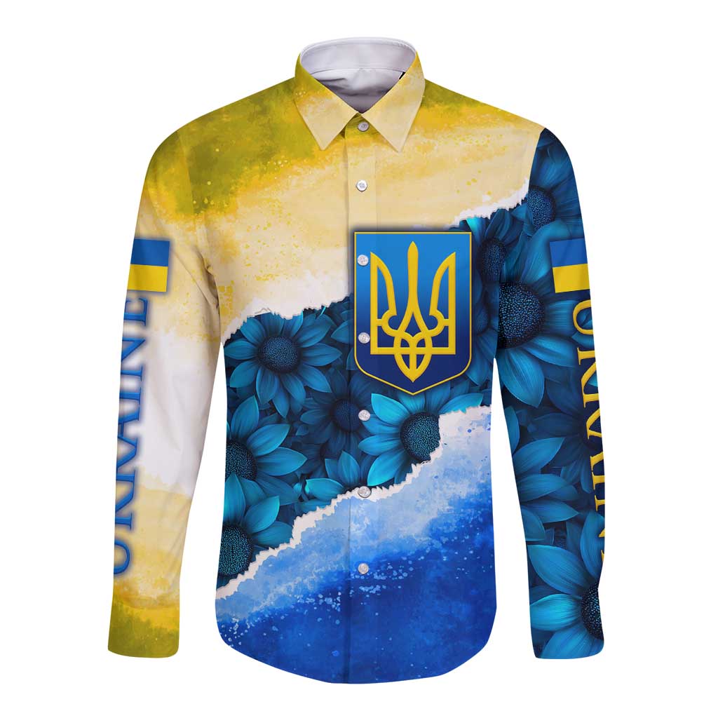 Trident Emblem Ukraine Long Sleeve Button Shirt with Blue Sunflowers and Flag Colors Design