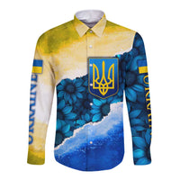 Trident Emblem Ukraine Long Sleeve Button Shirt with Blue Sunflowers and Flag Colors Design