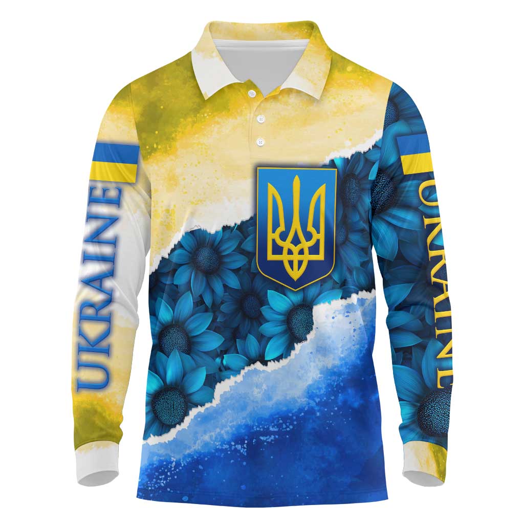 Trident Emblem Ukraine Long Sleeve Polo Shirt with Blue Sunflowers and Flag Colors Design