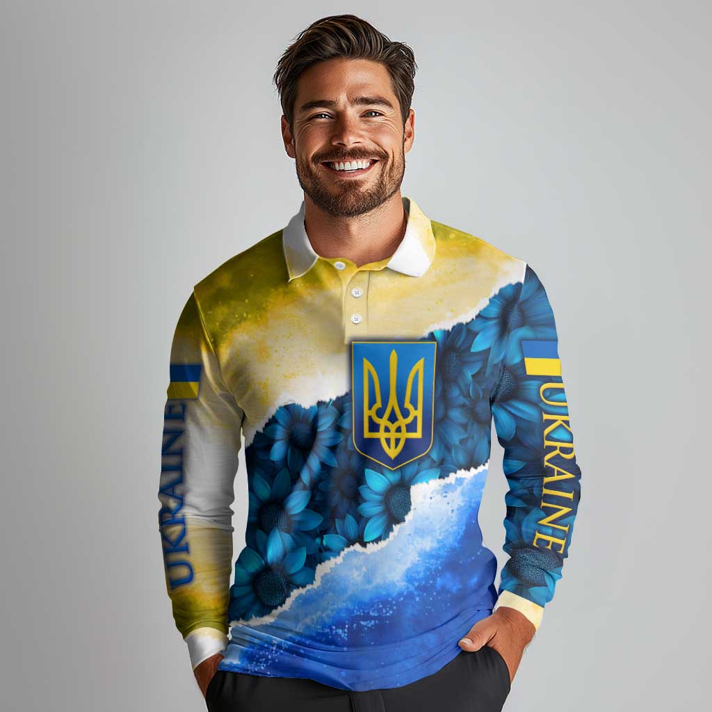 Trident Emblem Ukraine Long Sleeve Polo Shirt with Blue Sunflowers and Flag Colors Design