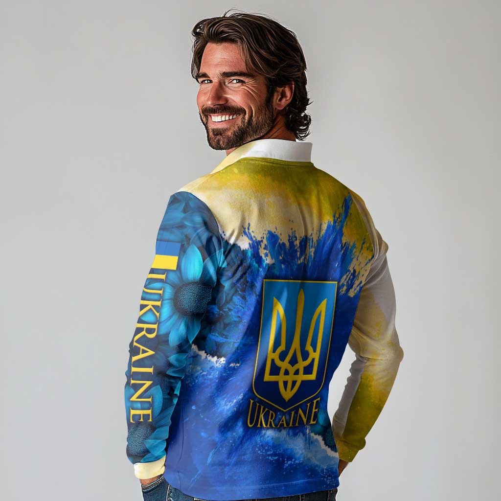 Trident Emblem Ukraine Long Sleeve Polo Shirt with Blue Sunflowers and Flag Colors Design