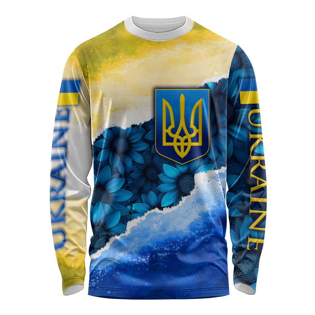 Trident Emblem Ukraine Long Sleeve Shirt with Blue Sunflowers and Flag Colors Design