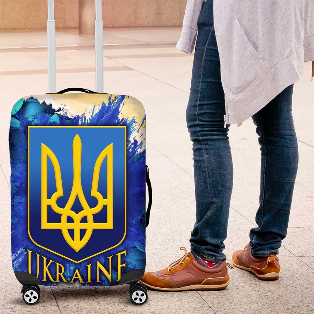 Trident Emblem Ukraine Luggage Cover with Blue Sunflowers and Flag Colors Design