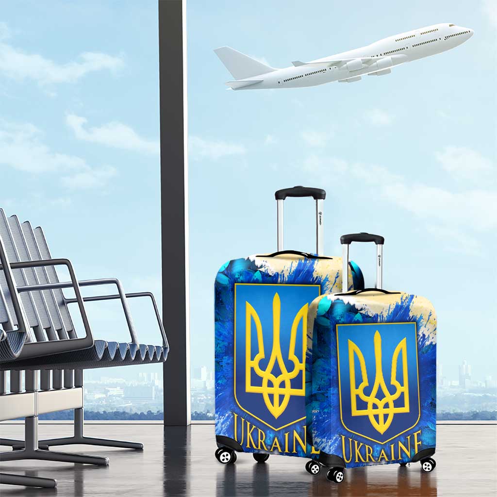 Trident Emblem Ukraine Luggage Cover with Blue Sunflowers and Flag Colors Design