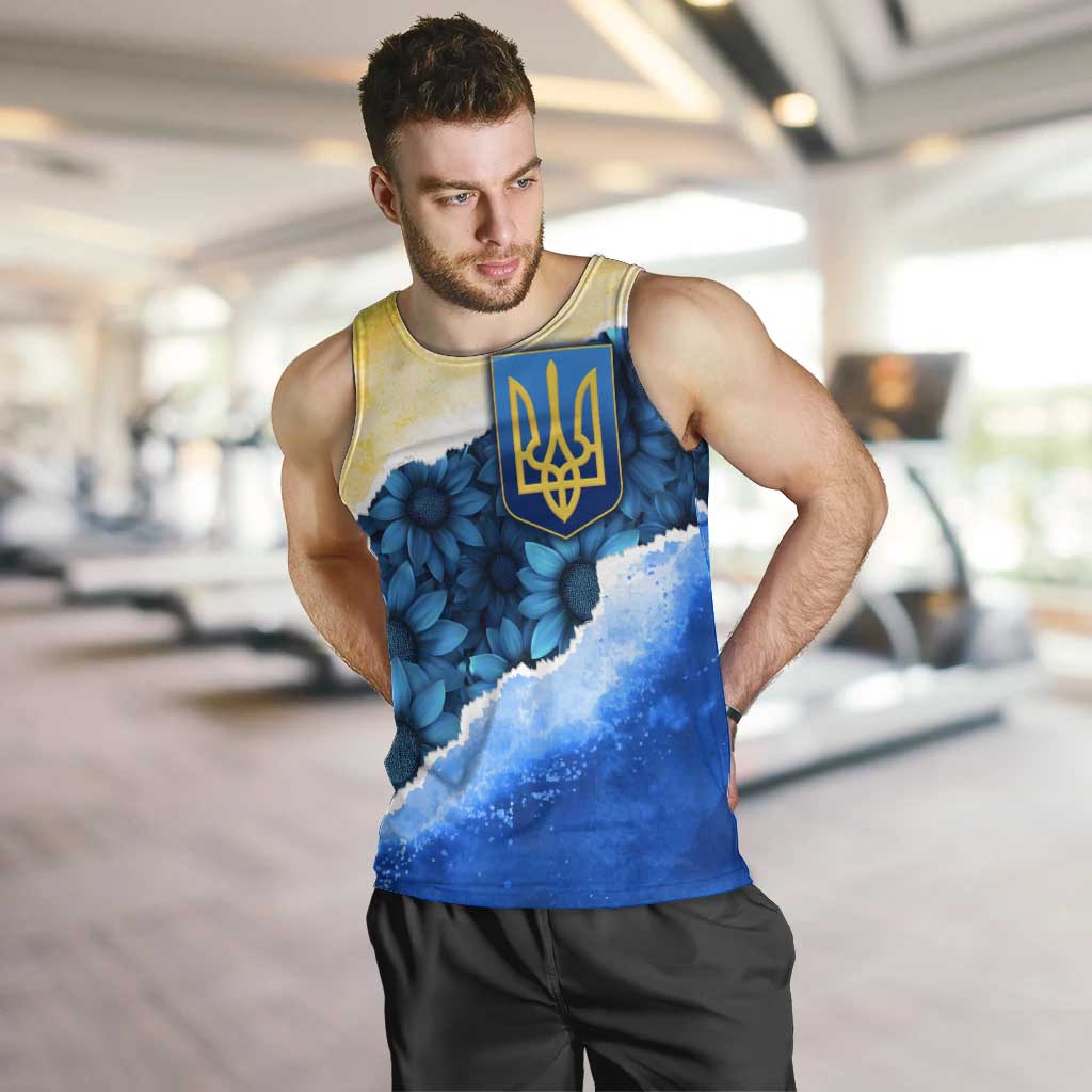 Trident Emblem Ukraine Men Tank Top with Blue Sunflowers and Flag Colors Design