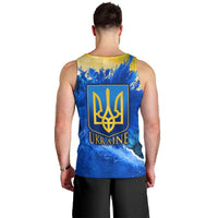 Trident Emblem Ukraine Men Tank Top with Blue Sunflowers and Flag Colors Design