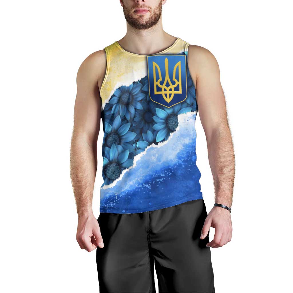 Trident Emblem Ukraine Men Tank Top with Blue Sunflowers and Flag Colors Design