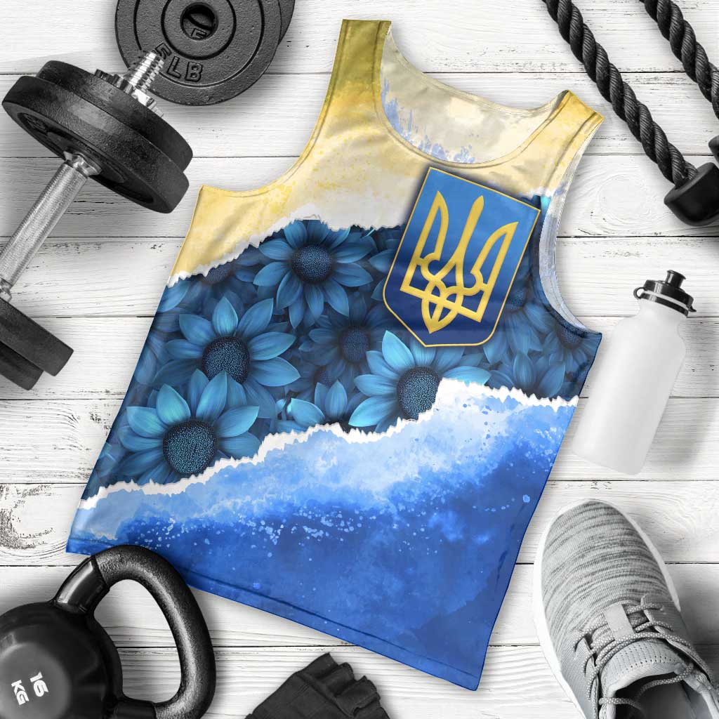 Trident Emblem Ukraine Men Tank Top with Blue Sunflowers and Flag Colors Design