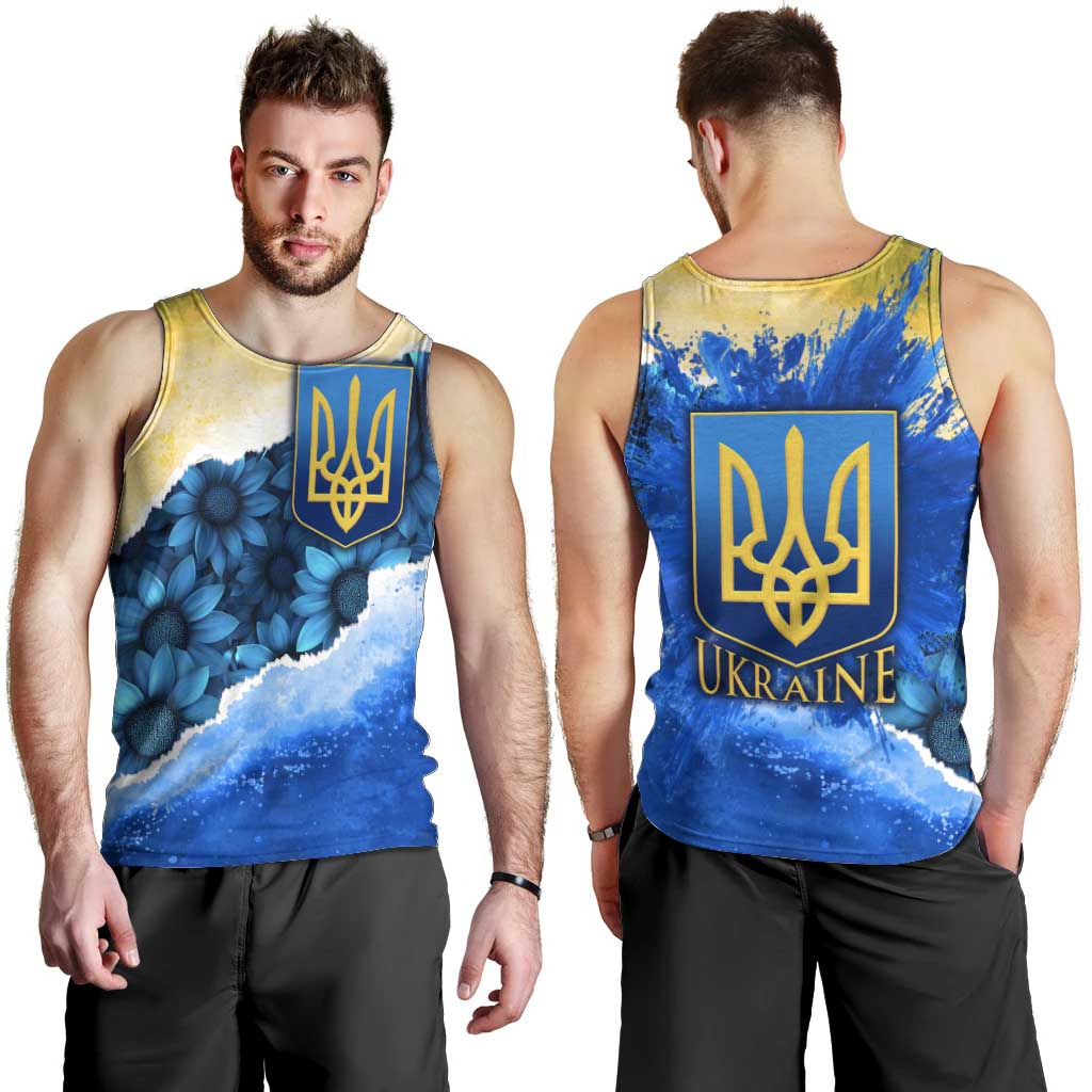 Trident Emblem Ukraine Men Tank Top with Blue Sunflowers and Flag Colors Design