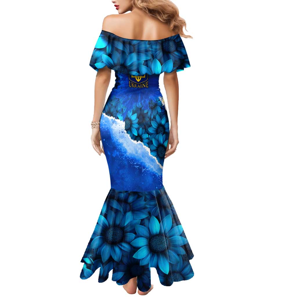 Trident Emblem Ukraine Mermaid Dress with Blue Sunflowers and Flag Colors Design