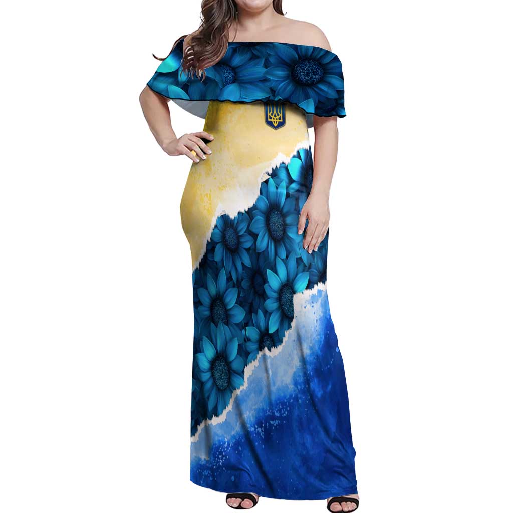 Trident Emblem Ukraine Off Shoulder Maxi Dress with Blue Sunflowers and Flag Colors Design