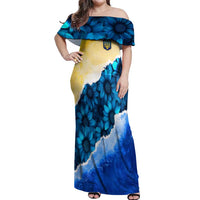 Trident Emblem Ukraine Off Shoulder Maxi Dress with Blue Sunflowers and Flag Colors Design