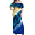 Trident Emblem Ukraine Off Shoulder Maxi Dress with Blue Sunflowers and Flag Colors Design