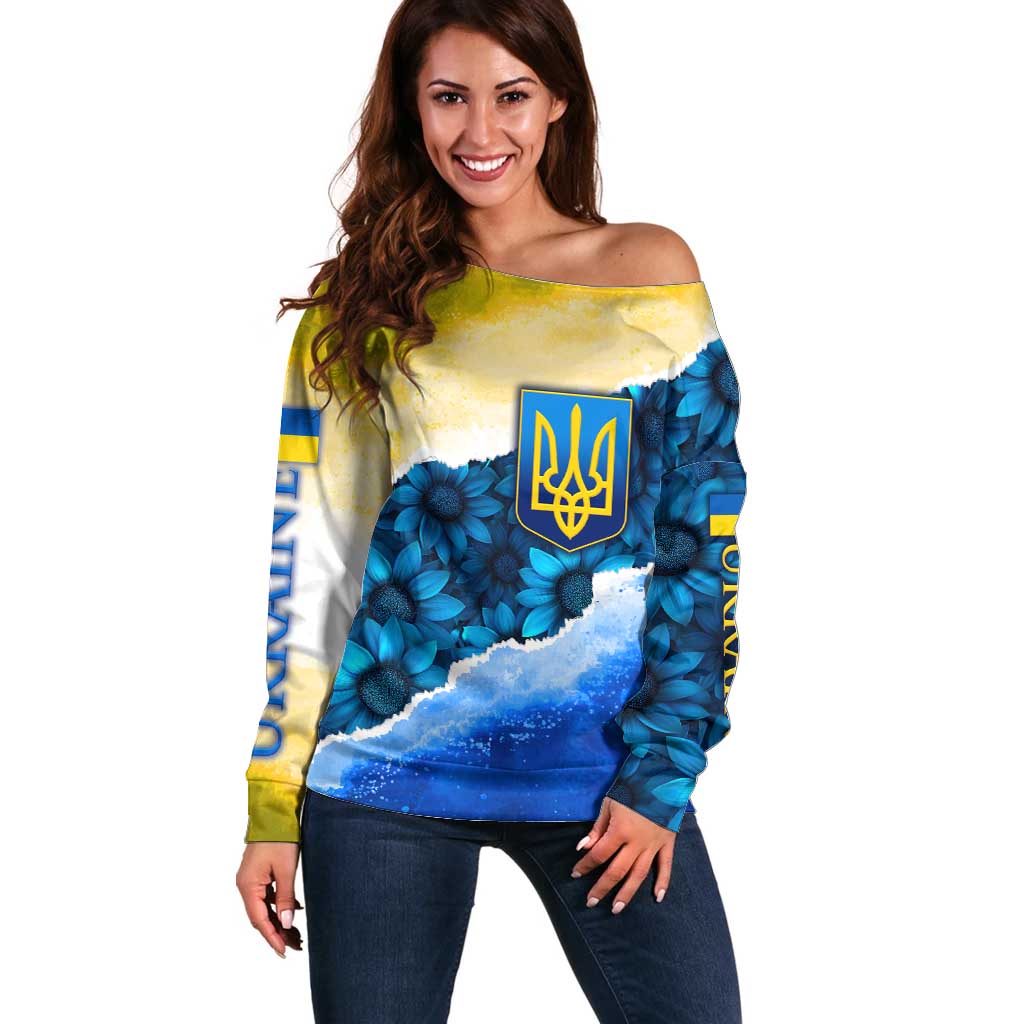 Trident Emblem Ukraine Off Shoulder Sweater with Blue Sunflowers and Flag Colors Design
