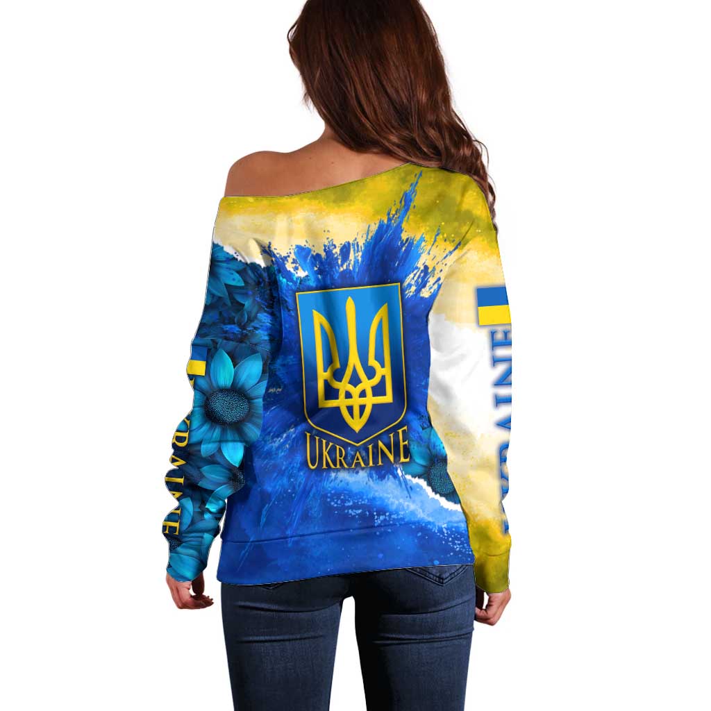 Trident Emblem Ukraine Off Shoulder Sweater with Blue Sunflowers and Flag Colors Design