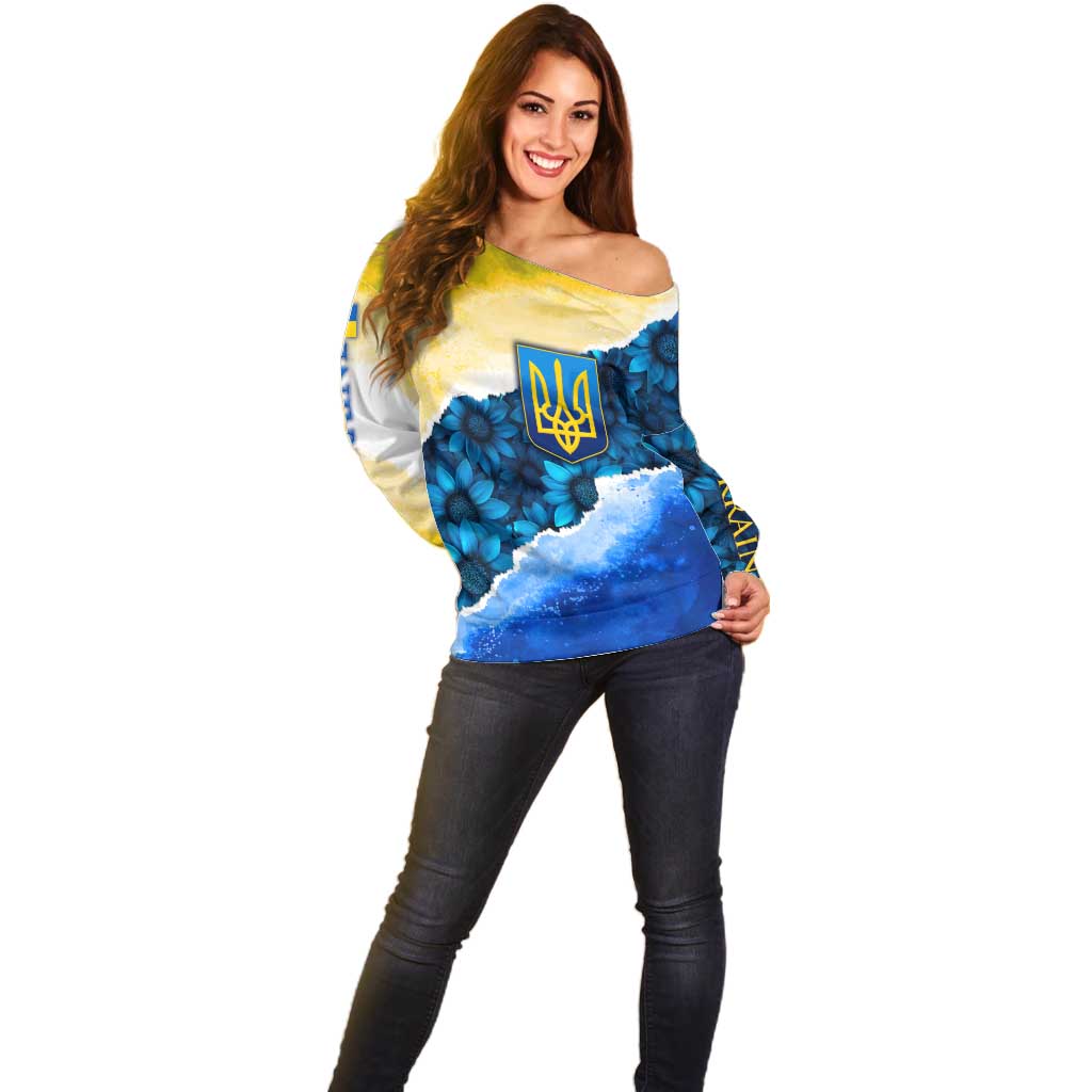 Trident Emblem Ukraine Off Shoulder Sweater with Blue Sunflowers and Flag Colors Design