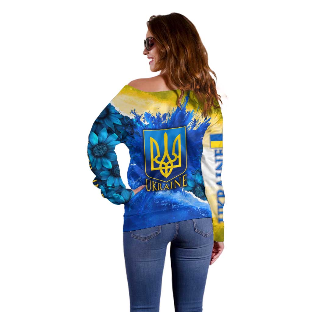 Trident Emblem Ukraine Off Shoulder Sweater with Blue Sunflowers and Flag Colors Design