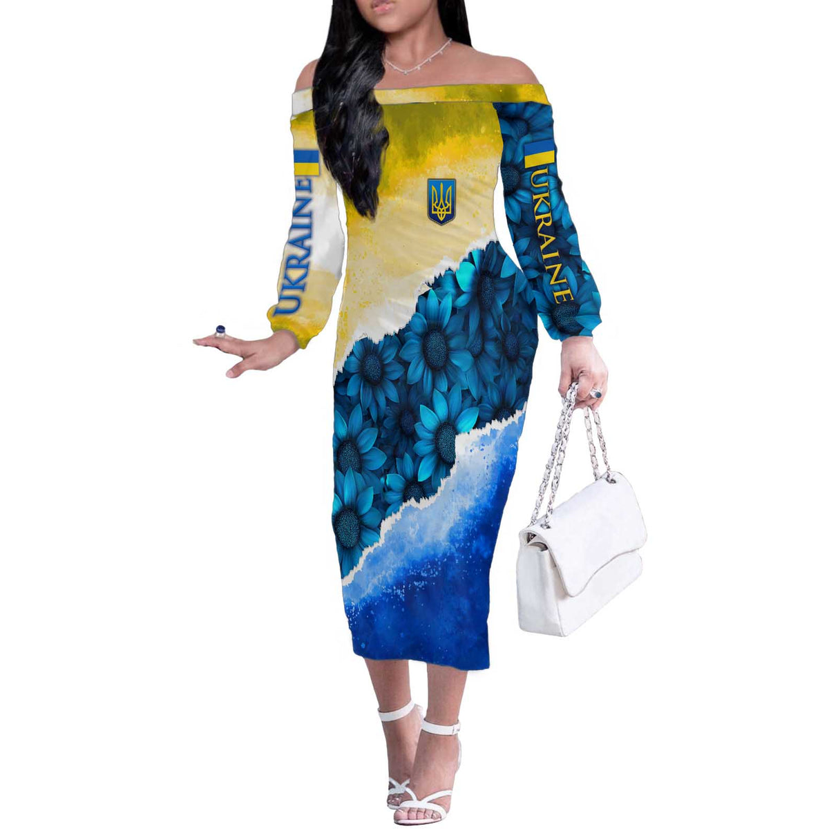 Trident Emblem Ukraine Off The Shoulder Long Sleeve Dress with Blue Sunflowers and Flag Colors Design