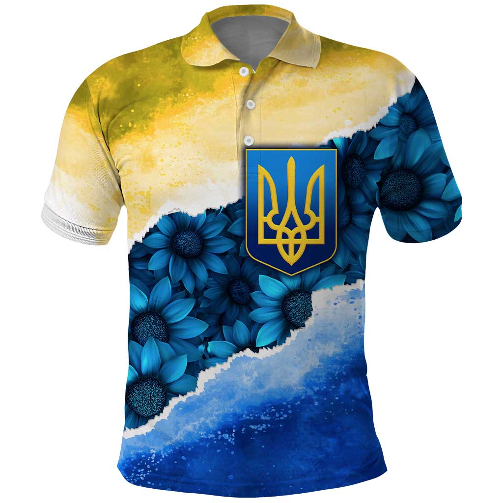 Trident Emblem Ukraine Polo Shirt with Blue Sunflowers and Flag Colors Design