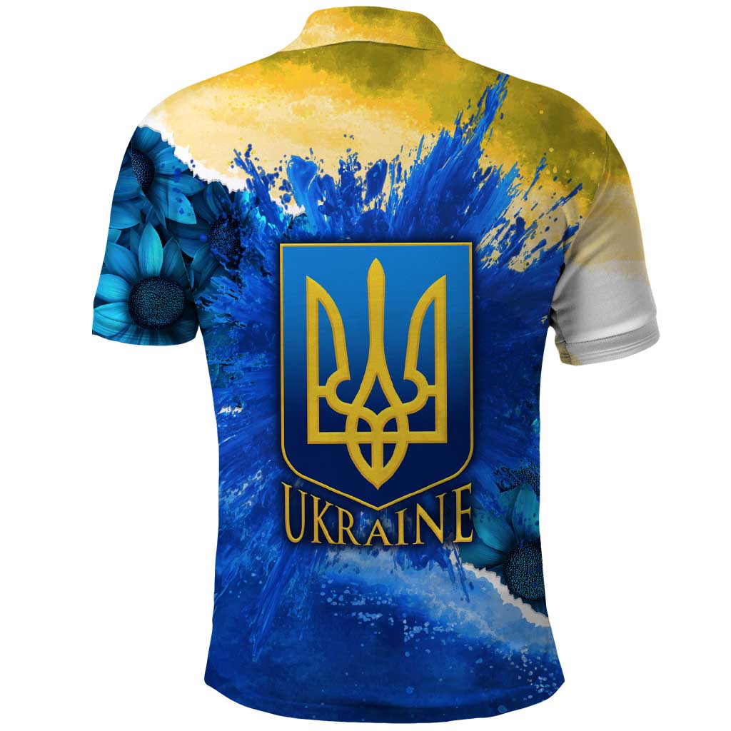 Trident Emblem Ukraine Polo Shirt with Blue Sunflowers and Flag Colors Design